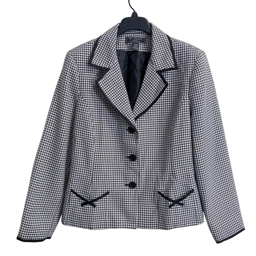 Ms. Tracy Tracy Evans Houndstooth Blazer Black White Trim Bows Size 18 Pockets